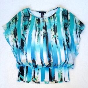 Style & Co. Women's Blue and Green Floral Stripe Open Arm Batwing Blouse S